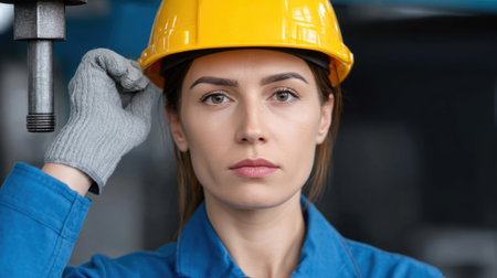 A confident woman wearing a yellow hard hat and gray gloves stands in an industrial setting, showcasing determination in her professional role.の素材