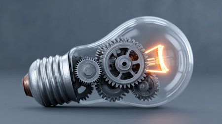 This image showcases a transparent light bulb filled with gears, symbolizing innovation and creative thinking. The glowing filament highlights inspiration and design.の素材