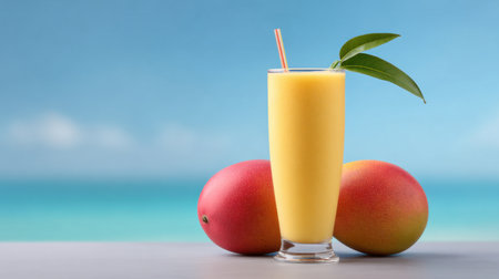 A refreshing mango smoothie served in a tall glass, surrounded by ripe mangoes, set against a serene seaside backdrop that evokes summer vibes.の素材