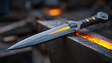 A beautifully crafted knife showcases expert metalwork with a fiery orange glow from the forge, highlighting its sharp blade and textured handle.の素材