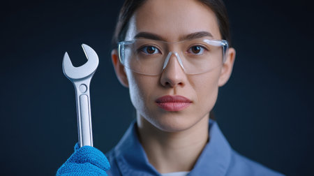 A confident female technician showcases her mechanical skills by holding a wrench in an industrial setting, emphasizing professionalism and empowerment.の素材