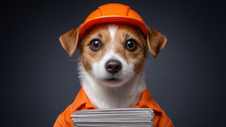 Adorable dog wearing an orange construction helmet and holding papers, creating a playful and charming look for construction or building themes.の素材
