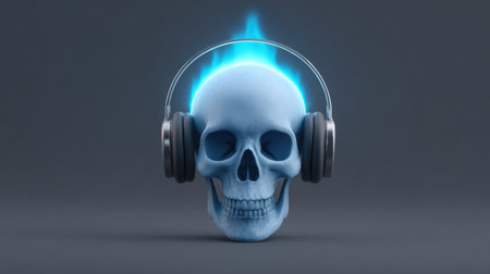 A striking illustration of a blue skull wearing headphones, emanating glowing flames. Perfect for music, Halloween themes, or creative designs.の素材