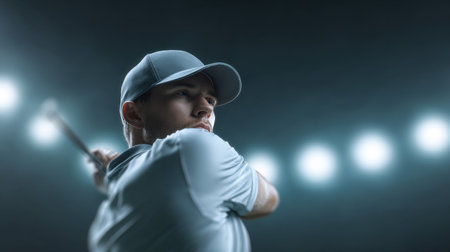 A skilled male golfer in motion, demonstrating the perfect swing technique, illuminated by bright stadium lights, embodying passion and focus in sport.の素材