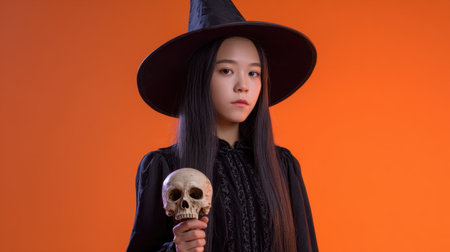 A captivating young woman dressed as a witch stands confidently, holding a skull against a vibrant orange background, embodying mystery and magic.の素材