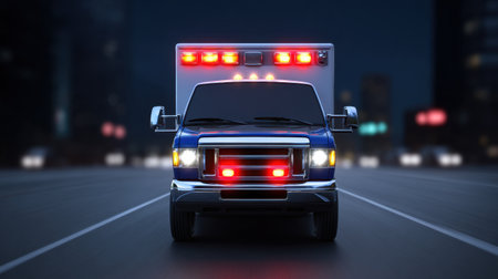 A striking image of an emergency ambulance on a city street at night with flashing lights, emphasizing the urgency and importance of medical response in urban settings.の素材