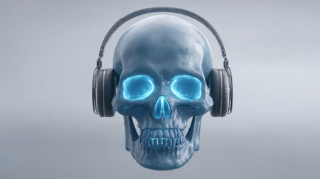 This striking image features a blue skull adorned with headphones, capturing the intriguing relationship between music and life. The design blends art and technology, inviting viewers to reflect on themes of mortality and sound.の素材