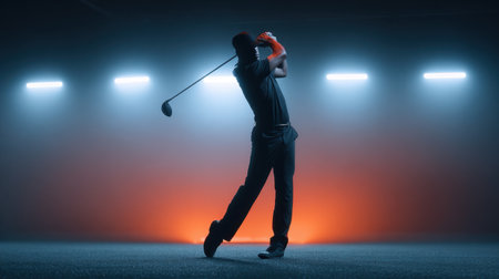 A dynamic silhouette of a professional golfer showcasing his swing against a backdrop of dramatic lighting. The image captures the essence of athleticism and focus in the sport. Perfect for promoting golf-related content.の素材
