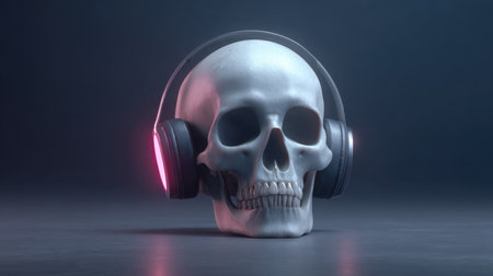 This striking 3D render features a skull adorned with headphones, set against a dark atmosphere with vibrant neon highlights. It symbolizes the fusion of music and art, capturing a modern aesthetic that appeals to creative minds.の素材