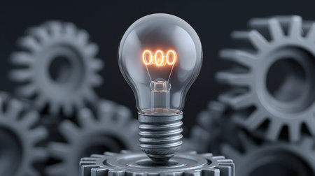 A glowing light bulb rests atop metallic gears, symbolizing the synergy between innovation and technology in a visually striking and conceptual design.の素材
