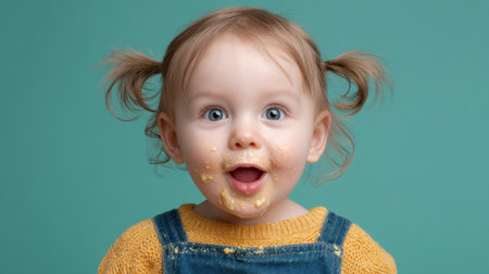 This delightful image features a cheerful baby with a messy face, wearing a yellow sweater and denim overalls. The vibrant teal background enhances the joyful expression, capturing the innocence and fun of early childhood moments.の素材