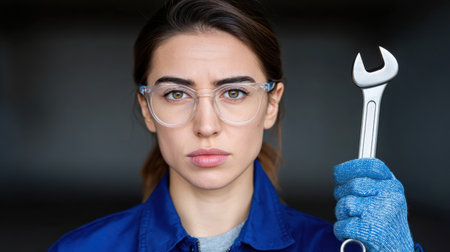 A determined woman mechanic showcases her skills in a workshop, confidently holding a wrench while wearing protective eyewear and gloves.の素材