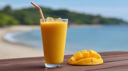 A vibrant mango smoothie served in a tall glass with ice, beautifully contrasted against a scenic beach backdrop. Perfect for summer refreshment.の素材