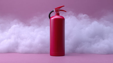A vibrant red fire extinguisher stands prominently against a soft pink background filled with white smoke, symbolizing safety and emergency preparedness in various settings.の素材
