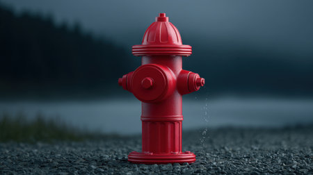 A vibrant red fire hydrant stands prominently on a gravel surface, captured against a hazy backdrop of water and trees during dusk.の素材
