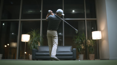 A male golfer showcases his swing in an indoor setting at night, with soft lighting and modern decor enhancing the ambiance, emphasizing focus and determination.の素材