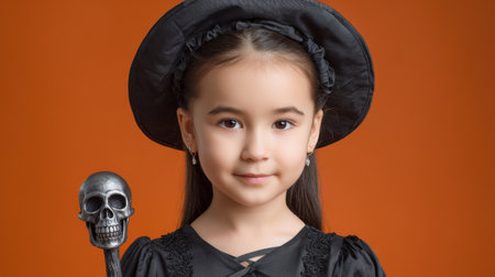 A delightful young girl dressed as a witch stands confidently with a skull prop, set against a vivid orange backdrop, perfect for Halloween-themed projects.の素材