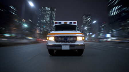 A dramatic image of an emergency service vehicle in motion during nighttime. The city skyline is illuminated, highlighting urban life and the urgency of healthcare services.の素材
