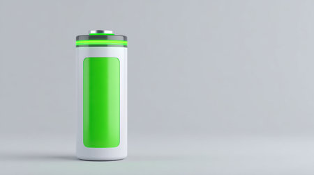 This image features a modern green battery design against a soft gray background, ideal for themes related to energy, technology, and sustainability.の素材