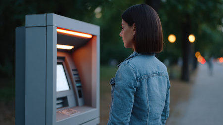A young woman interacts with an ATM machine in a serene park during the evening, surrounded by lush greenery and soft street lighting, capturing a moment of convenience and modern banking in an outdoor setting.の素材