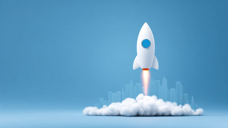 A stunning digital illustration of a white rocket launching into a clear blue sky, surrounded by clouds, symbolizing innovation, exploration, and ambition.の素材