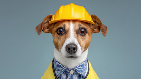This delightful image features a cute dog dressed in a construction hat and shirt, embodying a fun and lighthearted take on work themes. Ideal for pet-related content.の素材