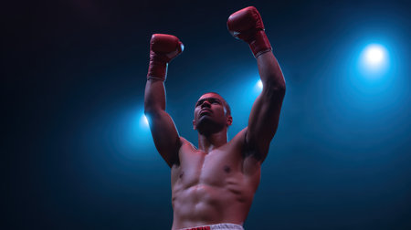A powerful image of a boxer celebrating victory in the ring, showcasing strength and determination amidst dramatic lighting and an energetic atmosphere.の素材