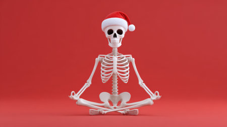 This playful image features a skeleton wearing a Santa hat, seated in a meditative pose against a vibrant red background, perfect for festive themes.の素材