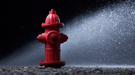 This striking image showcases a bright red fire hydrant against a dark background, highlighted by water spraying from it, representing urban safety and emergency readiness.の素材