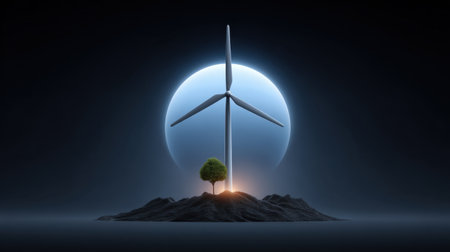 A stunning digital artwork featuring a modern wind turbine surrounded by serene landscapes, highlighting themes of renewable energy and sustainability.の素材
