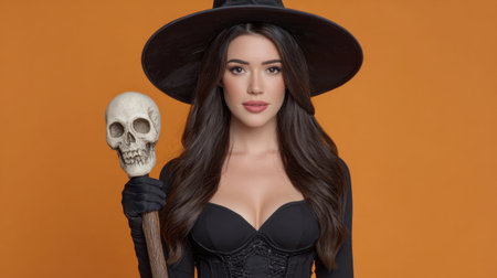 A stunning woman dressed as a witch holds a skull in her hand, posing gracefully against a vivid orange background, embodying Halloween vibes.の素材