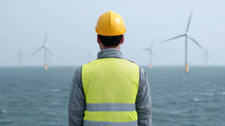 A worker in bright safety gear stands at the edge of the sea, looking towards a row of towering wind turbines. This image captures the essence of renewable energy.の素材