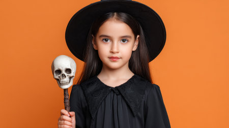 A young girl dressed in a witch costume, holding a skull, stands confidently against an orange backdrop. Her striking look captures the essence of Halloween.の素材