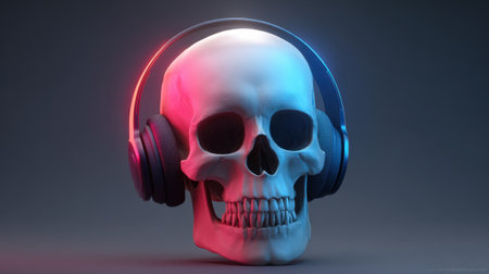 This artistic representation features a skull adorned with headphones, blending vibrant neon colors against a dark backdrop. Ideal for concepts of music, art, and creativity.の素材