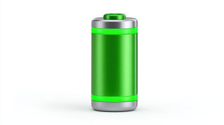 A vibrant green battery with metallic accents stands on a spotless white background, symbolizing energy and power. Ideal for technology and innovation themes.の素材
