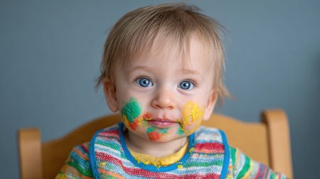 A charming toddler with playful face paint showcases innocence and creativity. The bright colors highlight a joyful moment of artistic exploration at home.の素材