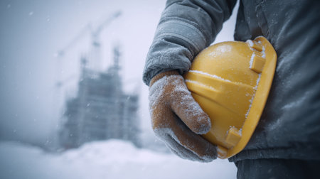 A construction worker stands in a snowy environment, holding a yellow hard hat in his gloved hand, showcasing the challenges of outdoor work in winter.の素材