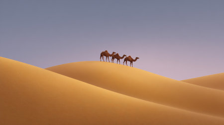 A stunning scene showcasing three camels walking gracefully across golden sand dunes during a tranquil sunset, set against a soft purple sky.の素材