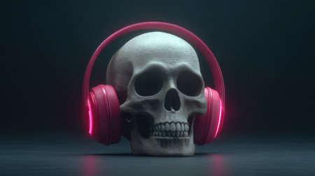 A striking digital artwork featuring a skull adorned with vibrant neon headphones. This surreal piece juxtaposes music with themes of mortality and creativity.の素材