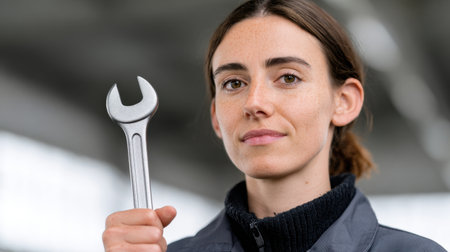 A confident female mechanic stands in a workshop, proudly holding a wrench to emphasize her skills in the engineering field. This image promotes women's empowerment in traditionally male-dominated industries.の素材