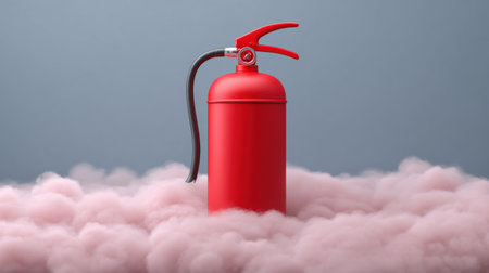A striking image of a bright red fire extinguisher placed on a soft cloud of pink smoke, highlighting emergency preparedness in a modern and artistic setting.の素材