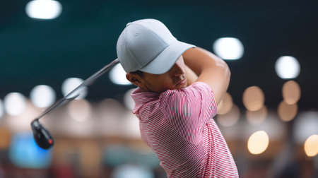 A young golfer demonstrates a precise swing technique inside an indoor golf facility. Soft lighting creates a dynamic atmosphere, highlighting his focus and dedication to the sport.の素材