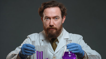 A focused male scientist in a white lab coat holds test tubes and a beaker filled with vibrant purple liquid, showcasing a laboratory environment.の素材