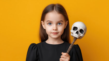 A young girl holds a skull prop while wearing a black costume, posing against a vibrant yellow background. Perfect for Halloween-themed visuals and child portraits.の素材
