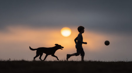 A captivating silhouette of a boy joyfully running alongside his playful dog during sunset, showcasing the beauty of childhood and companionship in nature.の素材