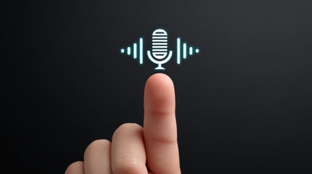 A close-up of a finger touching a stylized microphone icon against a dark background, symbolizing audio technology, voice recording, and digital communication.の素材