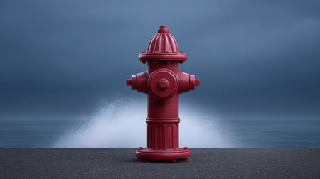A bright red fire hydrant stands resiliently against a dramatic gray sky, with ocean waves crashing in the background, symbolizing safety and preparedness.の素材