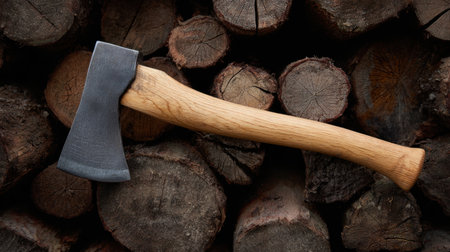 This image features a high-quality axe positioned against a rustic pile of logs, perfect for themes of woodworking, outdoor activities, and nature.の素材