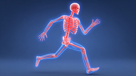 A 3D rendered image of a human skeleton in mid-run, highlighting dynamics of human anatomy and athleticism, set against a vibrant blue backdrop.の素材