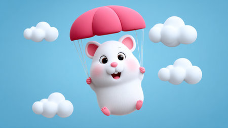 A delightful cartoon hamster joyfully flies in a pink parachute amidst fluffy clouds in a bright blue sky, symbolizing fun and adventure.の素材